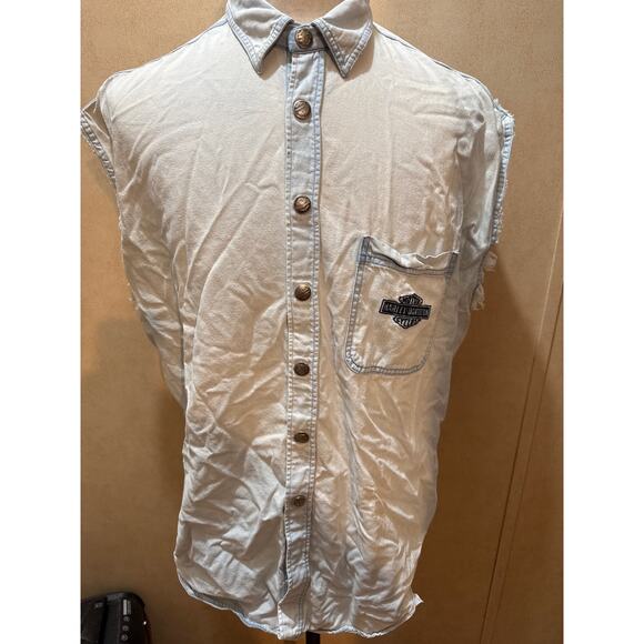 harley davidson biker blues denim snap shirt 2xl usa made sleeveless vintage - Picture 1 of 7